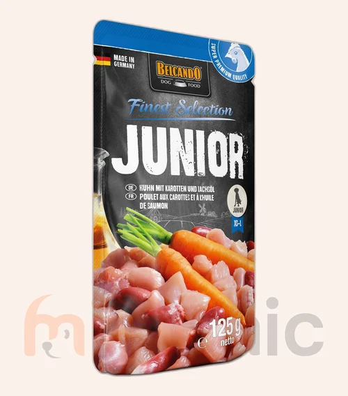 Hrană umedă pentru câini Belcando Finest Selection Junior, pui cu morcovi și ulei de somon, 125 g